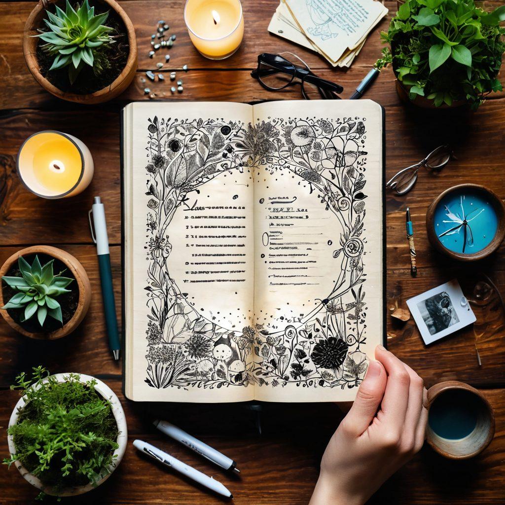 A beautifully crafted diary on a wooden table, its pages open to reveal vibrant sketches and handwritten notes, surrounded by images of diverse people sharing content on various digital devices. Above the diary, an ethereal glow signifies a global connection, with interconnected lines and dots illustrating a worldwide community. The background features elements of nature blending with technology, symbolizing growth and creativity. super-realistic. vibrant colors. soft focus.