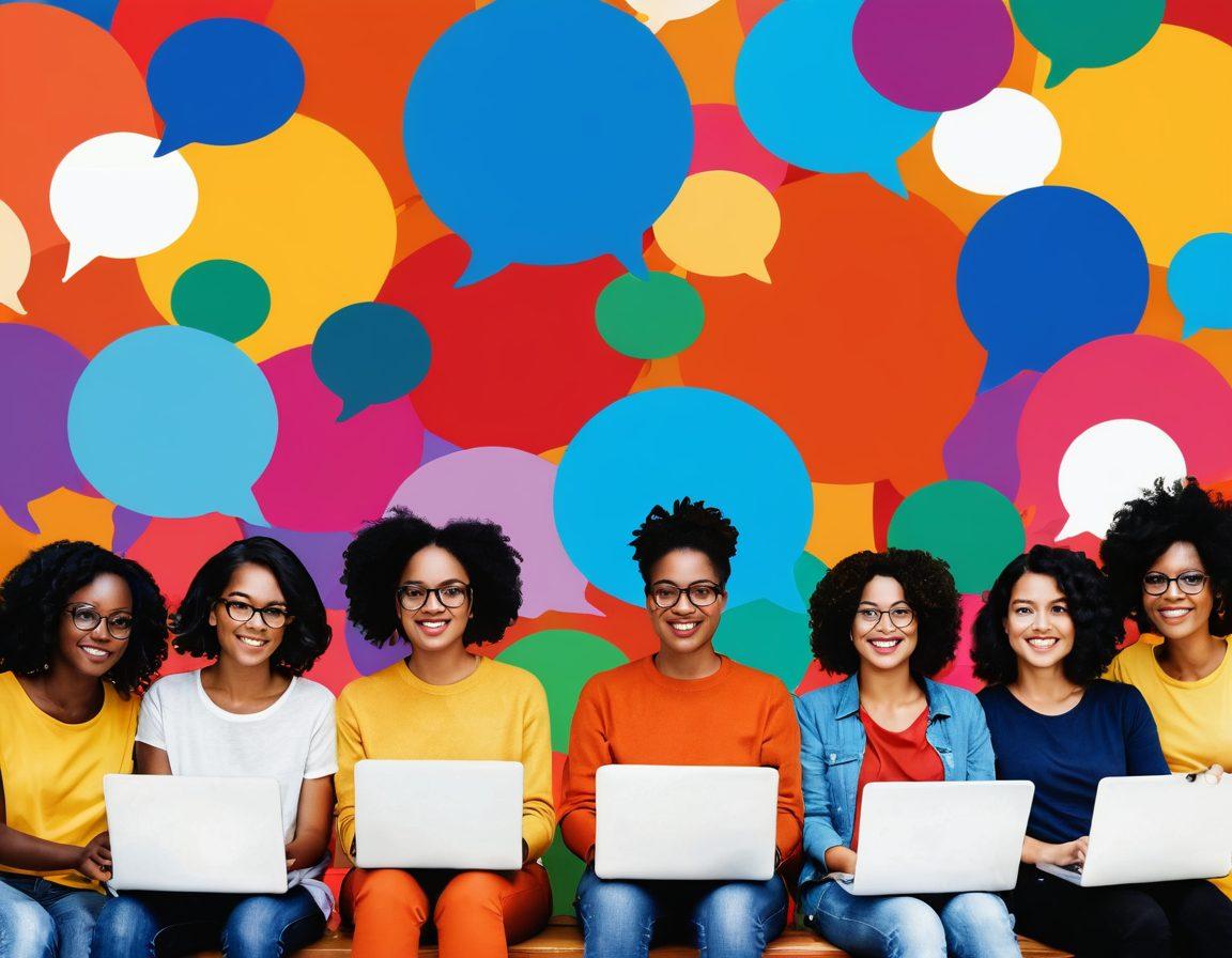 A vibrant scene depicting a diverse group of bloggers engaged in digital storytelling. Illustrate individuals from various cultures using laptops and tablets, surrounded by colorful speech bubbles representing their voices and stories. Include a globe in the background to symbolize the global reach of blogging. The atmosphere should be lively and inspiring, filled with warm colors that evoke creativity. digital illustration. vibrant colors. 3D.