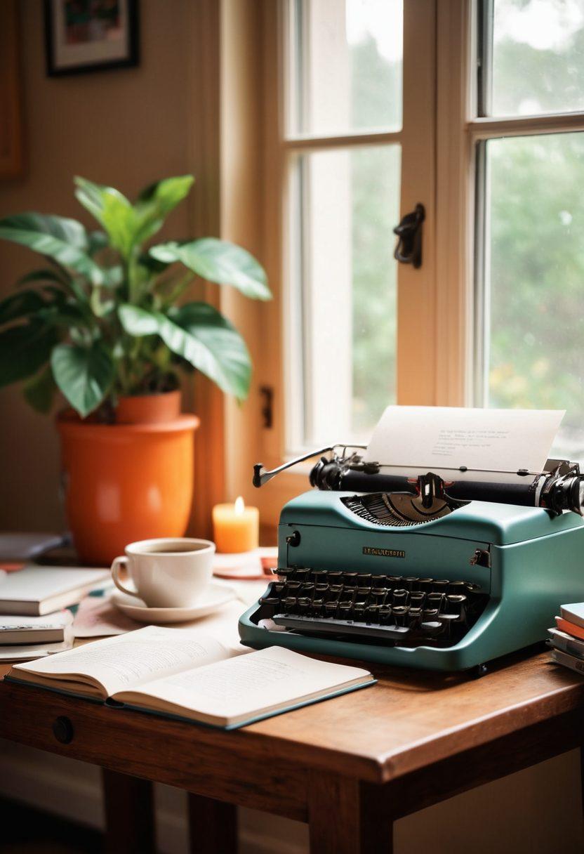 A cozy and inviting workspace featuring a vintage typewriter, colorful notebooks, and a cup of steaming coffee. In the background, abstract representations of diverse voices and stories intertwining through vibrant lines and shapes, symbolizing connections made through blogging. Soft natural light filtering in from a window, creating a warm ambiance. Artistic lettering of the blog title elegantly integrated into the scene. vibrant colors. soft focus.